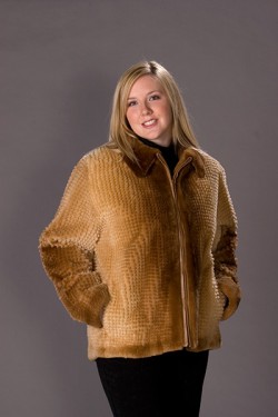 Plucked, sheared, grooved, and dyed light maple beaver jacket