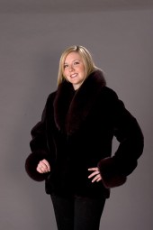 Plucked sheared and dyed plum beaver jacket with fox collar and cuffs